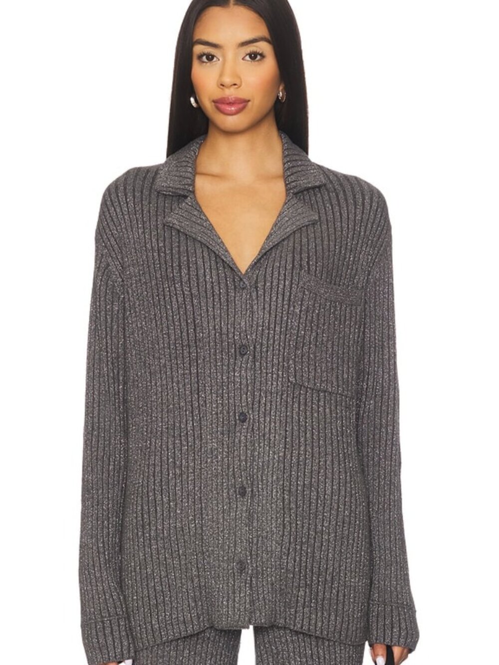 Barefoot Dreams CozyChic Lurex Button Front Shirt Shimmer Carbon Grey M L XL NWT